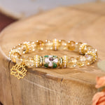 Buddha Stones Citrine Lotus Pendant Enamel Barrel Bead Abundance Hand-polished Round Bead Bracelet