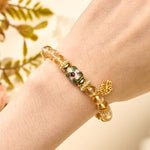 Buddha Stones Citrine Lotus Pendant Enamel Barrel Bead Abundance Hand-polished Round Bead Bracelet