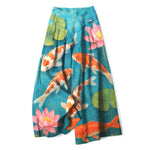 Buddha Stones Cotton Linen Red White Koi Fish Pink Lotus Pattern Women's Elastic Waist Wide Leg Pants With Pockets