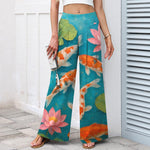 Buddha Stones Cotton Linen Red White Koi Fish Pink Lotus Pattern Women's Elastic Waist Wide Leg Pants With Pockets