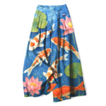 Buddha Stones Cotton Linen Red White Koi Fish Pink Lotus Pattern Women's Elastic Waist Wide Leg Pants With Pockets