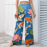 Buddha Stones Cotton Linen Red White Koi Fish Pink Lotus Pattern Women's Elastic Waist Wide Leg Pants With Pockets