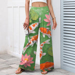 Buddha Stones Cotton Linen Red White Koi Fish Pink Lotus Pattern Women's Elastic Waist Wide Leg Pants With Pockets