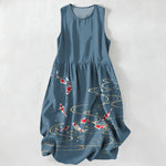 Buddha Stones Summer Casual Koi Fish Ripple Pattern Women's Summer Sleeveless Midi Dress With Pockets