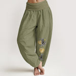 Buddha Stones Pure Cotton Sun and Moon Pattern Women's Elastic Waist Harem Pants