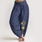 Buddha Stones Pure Cotton Sun and Moon Pattern Women's Elastic Waist Harem Pants