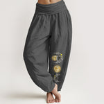 Buddha Stones Pure Cotton Sun and Moon Pattern Women's Elastic Waist Harem Pants