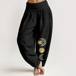 Buddha Stones Pure Cotton Sun and Moon Pattern Women's Elastic Waist Harem Pants
