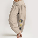 Buddha Stones Pure Cotton Sun and Moon Pattern Women's Elastic Waist Harem Pants
