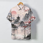 Buddha Stones Ink Landscape Pavilion Blossom Pattern Buttons Breathable Men's Short Sleeve Shirt