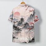 Buddha Stones Ink Landscape Pavilion Blossom Pattern Buttons Breathable Men's Short Sleeve Shirt