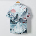 Buddha Stones Ink Landscape Pavilion Blossom Pattern Buttons Breathable Men's Short Sleeve Shirt