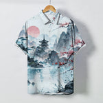 Buddha Stones Ink Landscape Pavilion Blossom Pattern Buttons Breathable Men's Short Sleeve Shirt