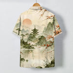 Buddha Stones Ink Landscape Pavilion Blossom Pattern Buttons Breathable Men's Short Sleeve Shirt