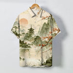 Buddha Stones Ink Landscape Pavilion Blossom Pattern Buttons Breathable Men's Short Sleeve Shirt