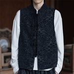 Buddha Stones Fall Tang Style Vintage Mandarin Collar Frog Button Abstract Jacquard Men's Sleeveless Shirts