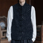 Buddha Stones Fall Tang Style Vintage Mandarin Collar Frog Button Abstract Jacquard Men's Sleeveless Shirts