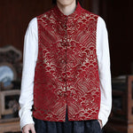 Buddha Stones Fall Tang Style Vintage Mandarin Collar Frog Button Abstract Jacquard Men's Sleeveless Shirts