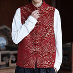 Buddha Stones Fall Tang Style Vintage Mandarin Collar Frog Button Abstract Jacquard Men's Sleeveless Shirts