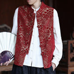 Buddha Stones Fall Tang Style Vintage Mandarin Collar Frog Button Abstract Jacquard Men's Sleeveless Shirts