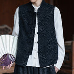 Buddha Stones Fall Tang Style Vintage Mandarin Collar Frog Button Abstract Jacquard Men's Sleeveless Shirts