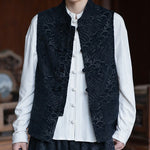 Buddha Stones Fall Tang Style Vintage Mandarin Collar Frog Button Abstract Jacquard Men's Sleeveless Shirts