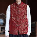 Buddha Stones Fall Tang Style Vintage Mandarin Collar Frog Button Abstract Jacquard Men's Sleeveless Shirts