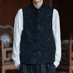 Buddha Stones Fall Tang Style Vintage Mandarin Collar Frog Button Abstract Jacquard Men's Sleeveless Shirts