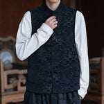 Buddha Stones Fall Tang Style Vintage Mandarin Collar Frog Button Abstract Jacquard Men's Sleeveless Shirts