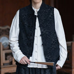 Buddha Stones Fall Tang Style Vintage Mandarin Collar Frog Button Abstract Jacquard Men's Sleeveless Shirts