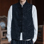 Buddha Stones Fall Tang Style Vintage Mandarin Collar Frog Button Abstract Jacquard Men's Sleeveless Shirts