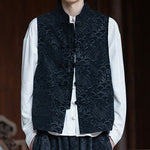 Buddha Stones Fall Tang Style Vintage Mandarin Collar Frog Button Abstract Jacquard Men's Sleeveless Shirts