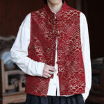 Buddha Stones Fall Tang Style Vintage Mandarin Collar Frog Button Abstract Jacquard Men's Sleeveless Shirts