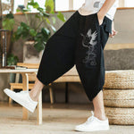 Buddha Stones Summer Casual Vintage Drawstring Crane Print Capri Pants Men's Harem Pants With Pocket