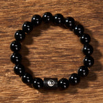 Buddha Stones Ebony Wood Yin Yang Balance Inlaid Barrel Bead Bracelet