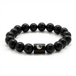 Buddha Stones Ebony Wood Yin Yang Balance Inlaid Barrel Bead Bracelet