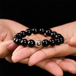Buddha Stones Black Obsidian Yin Yang Balance Vintage Round Beaded Bracelet