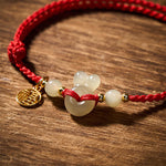 Buddha Stones Hetian Jade Rabbit-Head Peace Buckle Fu Character Grounding Red String Vintage Bracelet