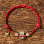 Buddha Stones Hetian Jade Rabbit-Head Peace Buckle Fu Character Grounding Red String Vintage Bracelet