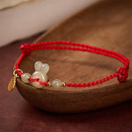 Buddha Stones Hetian Jade Rabbit-Head Peace Buckle Fu Character Grounding Red String Vintage Bracelet
