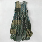 Buddha Stones Summer Casual Vintage Patchwork Floral Leaves Pattern Women's Summer Sleeveless Midi Dress With Pockets