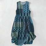 Buddha Stones Summer Casual Vintage Patchwork Floral Leaves Pattern Women's Summer Sleeveless Midi Dress With Pockets