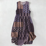 Buddha Stones Summer Casual Vintage Patchwork Floral Leaves Pattern Women's Summer Sleeveless Midi Dress With Pockets