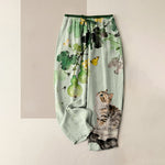 Buddha Stones Pure Cotton Gourd Vines Yellow Butterfly Cat Pattern Women's Elastic Waist Pants With Pockets