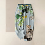 Buddha Stones Pure Cotton Gourd Vines Yellow Butterfly Cat Pattern Women's Elastic Waist Pants With Pockets
