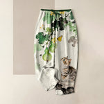 Buddha Stones Pure Cotton Gourd Vines Yellow Butterfly Cat Pattern Women's Elastic Waist Pants With Pockets
