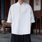 Buddha Stones Spring Summer Tang Style Minimalist Pankou Solid Men's Elbow-Length Shirts