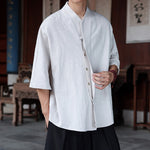Buddha Stones Spring Summer Tang Style Minimalist Pankou Solid Men's Elbow-Length Shirts