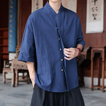 Buddha Stones Spring Summer Tang Style Minimalist Pankou Solid Men's Elbow-Length Shirts