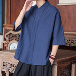Buddha Stones Spring Summer Tang Style Minimalist Pankou Solid Men's Elbow-Length Shirts
